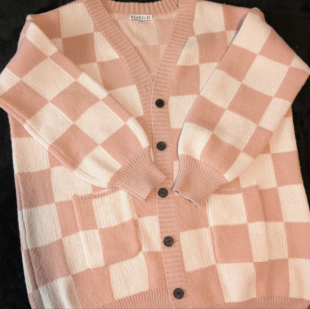 Blush Cream Checkered Cardigan Sweater Oversized Cozy Knit Coquette Soft Girl S image 6